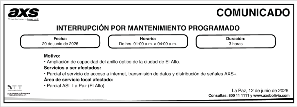 COMUNICADO INTERRUPCIÓN POR MANTENIMIENTO PROGRAMADO