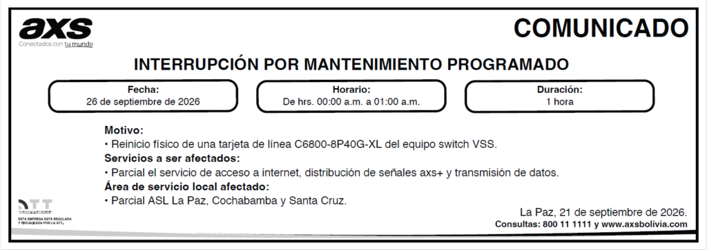 COMUNICADO INTERRUPCIÓN POR MANTENIMIENTO PROGRAMADO
