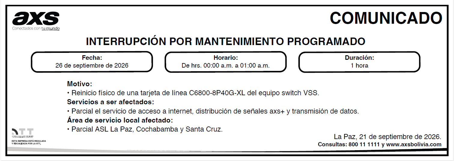 COMUNICADO INTERRUPCIÓN POR MANTENIMIENTO PROGRAMADO